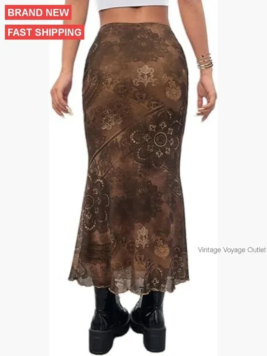 Midi Mesh Skirt with Floral Print, High Waisted Elastic, Lettuce Trim - Picture 3 of 7